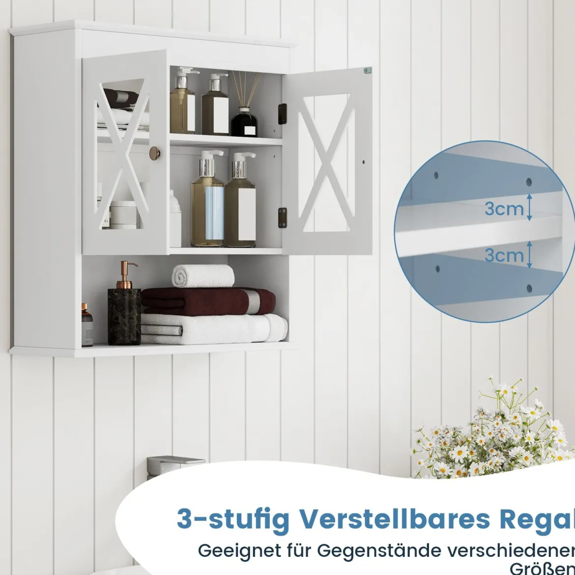 Badezimmer Hängeschrank mit Verstellbares Regal Holz Badezimmerschrank Badschrank Weiß