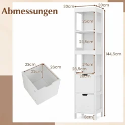 Badezimmer Hochschrank Badhochschrank Badschrank mit 2 Schubladen Holz Weiß 30 x 30 x 144,5 cm