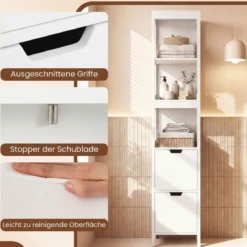 Badezimmer Hochschrank Badhochschrank Badschrank mit 2 Schubladen Holz Weiß 30 x 30 x 144,5 cm