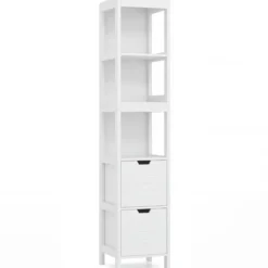 Badezimmer Hochschrank Badhochschrank Badschrank mit 2 Schubladen Holz Weiß 30 x 30 x 144,5 cm