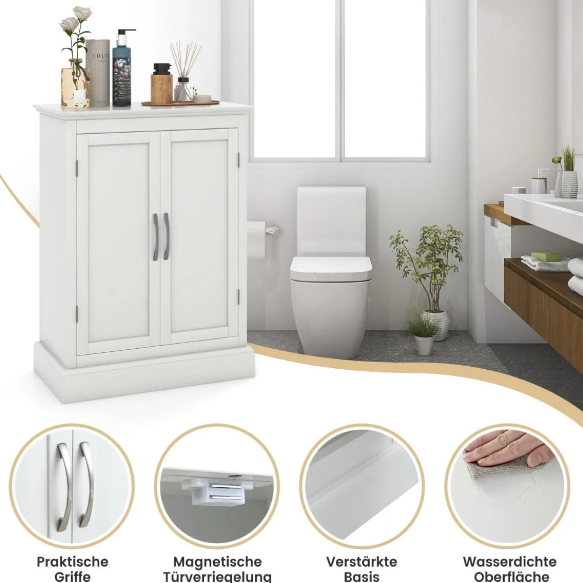 Badezimmer Kommode mit 2 Verstellbaren Ablagen Badezimmerschrank Holz 60 x 32 x 81 cm Weiß