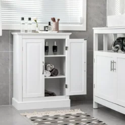 Badezimmer Kommode mit 2 Verstellbaren Ablagen Badezimmerschrank Holz 60 x 32 x 81 cm Weiß