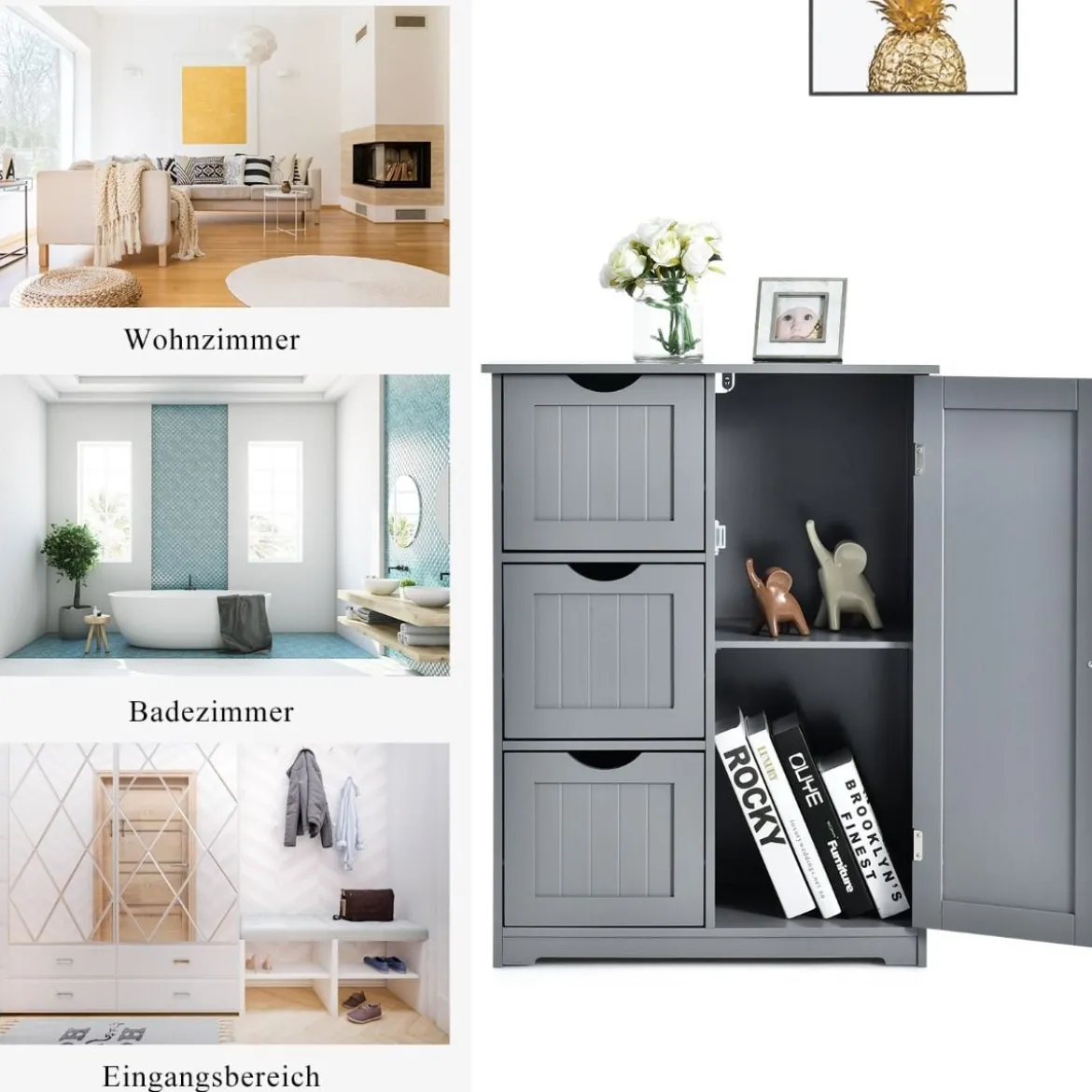 Badezimmerschrank Aufbewahrungsschrank mit 3 Schubladen 60 x 30 x 81 cm Schwarz/Grau/Weiß