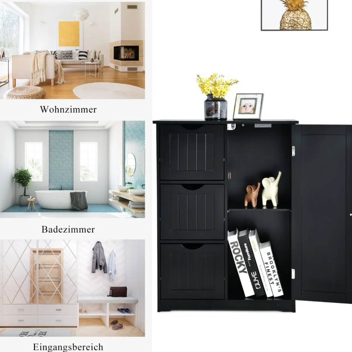 Badezimmerschrank Aufbewahrungsschrank mit 3 Schubladen 60 x 30 x 81 cm Schwarz/Grau/Weiß
