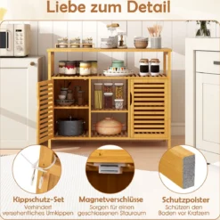 Badezimmerschrank aus Bambus 2-Türen-Organizer mit offenen Regalen freistehender Aufbewahrungsschrank Natur