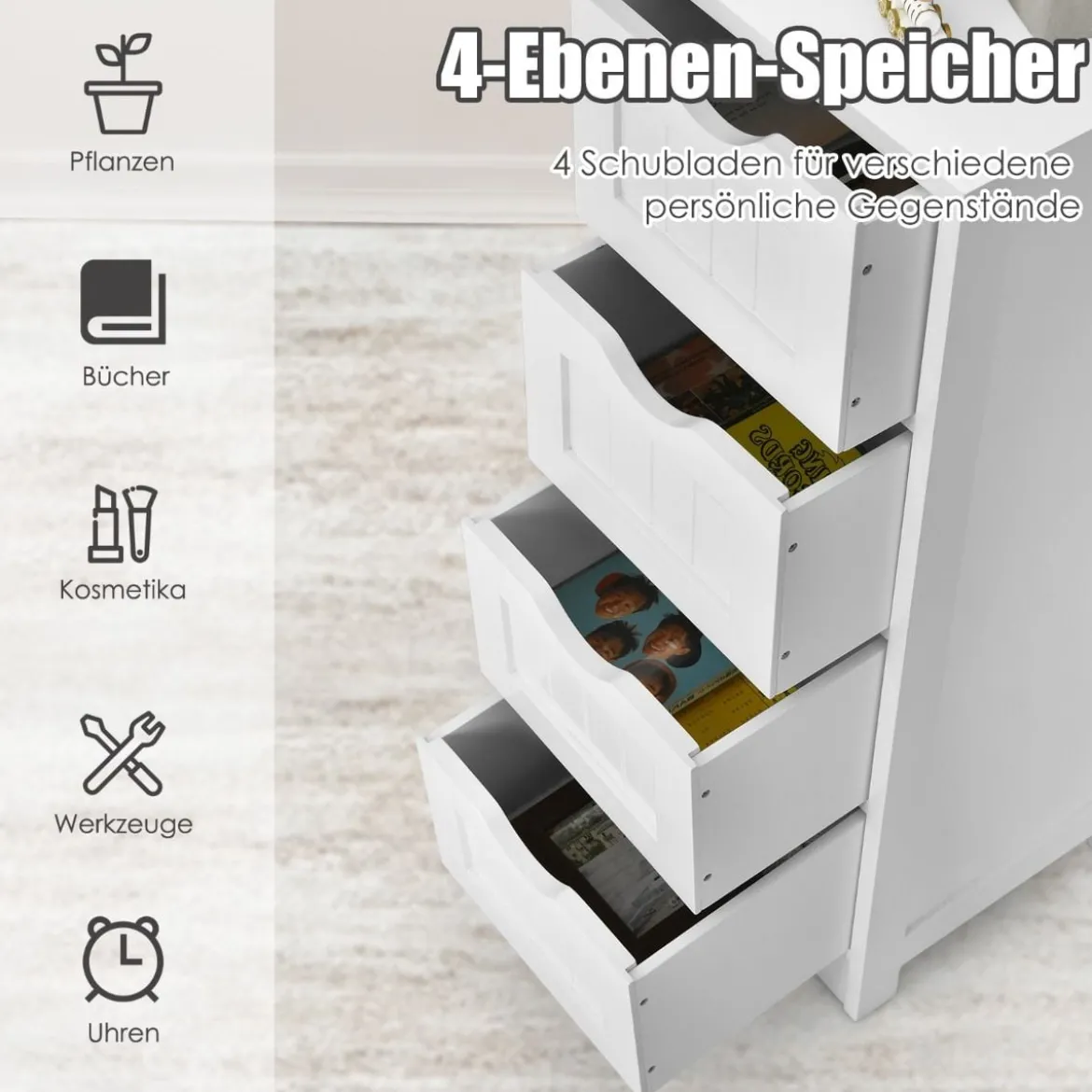 Badezimmerschrank aus Holz mit 4 Schubladen Badkommode 30 x 30 x 82 cm Weiß