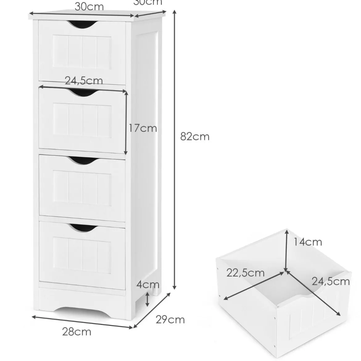 Badezimmerschrank aus Holz mit 4 Schubladen Badkommode 30 x 30 x 82 cm Weiß
