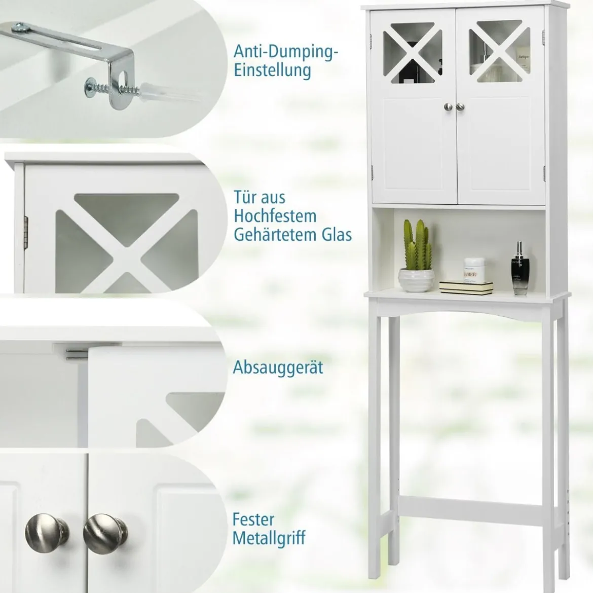 Badezimmer-Schrank Badezimmerregal mit Anti-Kipp-Design X-förmiger Doppeltürschrank Weiß