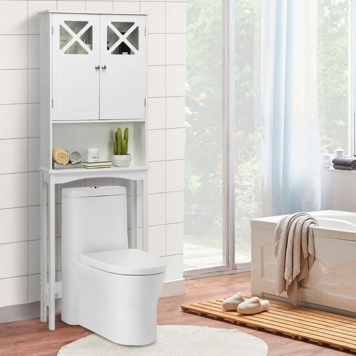 Badezimmer-Schrank Badezimmerregal mit Anti-Kipp-Design X-förmiger Doppeltürschrank Weiß