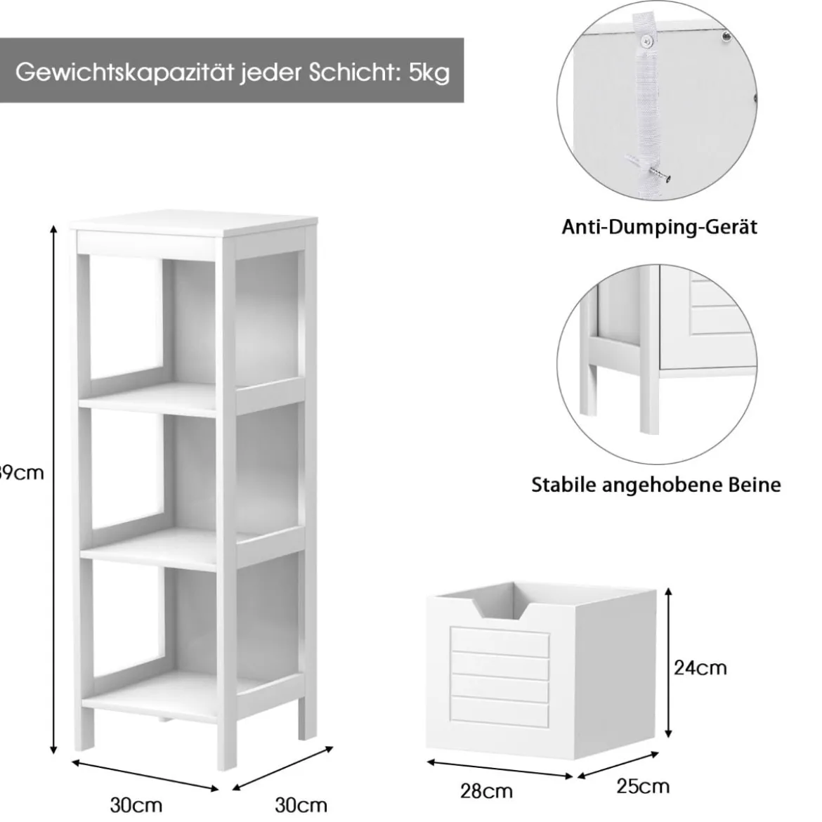 Badezimmerschrank Badschrank Holz Multifunktionales Aufbewahrungsregal mit 2 Schubladen Bodenschrank für Wohnzimmer Badezimmer Weiß