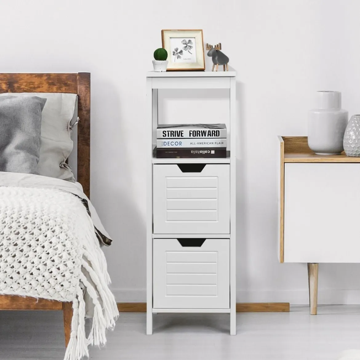 Badezimmerschrank Badschrank Holz Multifunktionales Aufbewahrungsregal mit 2 Schubladen Bodenschrank für Wohnzimmer Badezimmer Weiß