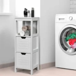 Badezimmerschrank Badschrank Holz Multifunktionales Aufbewahrungsregal mit 2 Schubladen Bodenschrank für Wohnzimmer Badezimmer Weiß