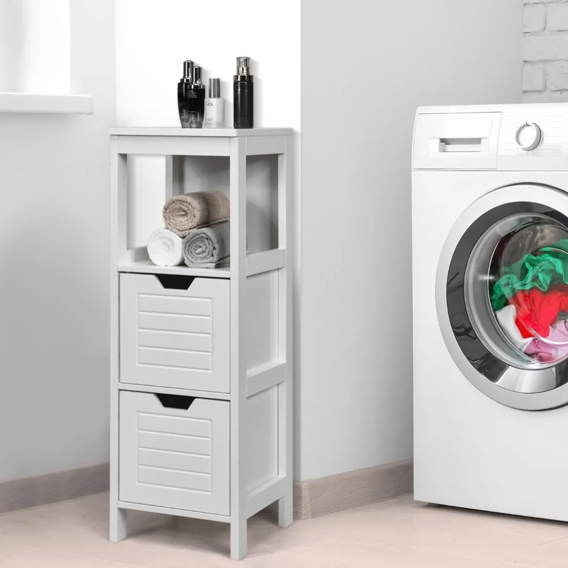 Badezimmerschrank Badschrank Holz Multifunktionales Aufbewahrungsregal mit 2 Schubladen Bodenschrank für Wohnzimmer Badezimmer Weiß