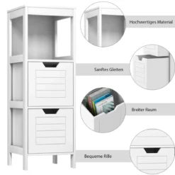 Badezimmerschrank Badschrank Holz Multifunktionales Aufbewahrungsregal mit 2 Schubladen Bodenschrank für Wohnzimmer Badezimmer Weiß