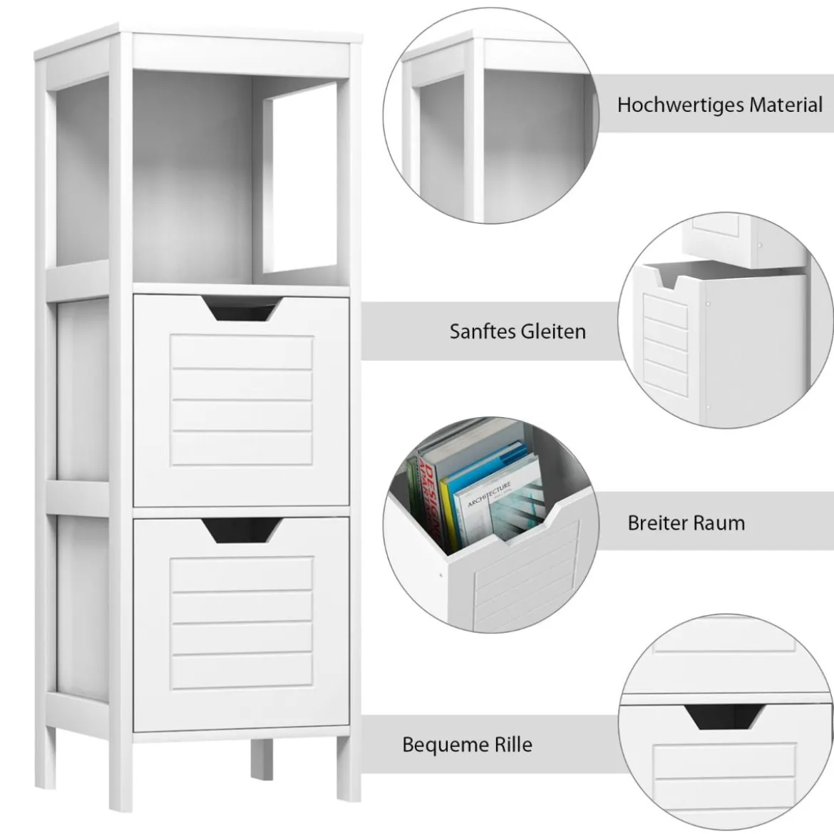 Badezimmerschrank Badschrank Holz Multifunktionales Aufbewahrungsregal mit 2 Schubladen Bodenschrank für Wohnzimmer Badezimmer Weiß