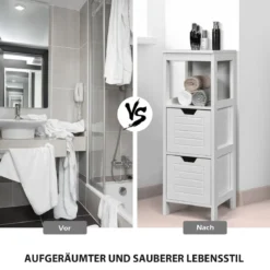 Badezimmerschrank Badschrank Holz Multifunktionales Aufbewahrungsregal mit 2 Schubladen Bodenschrank für Wohnzimmer Badezimmer Weiß