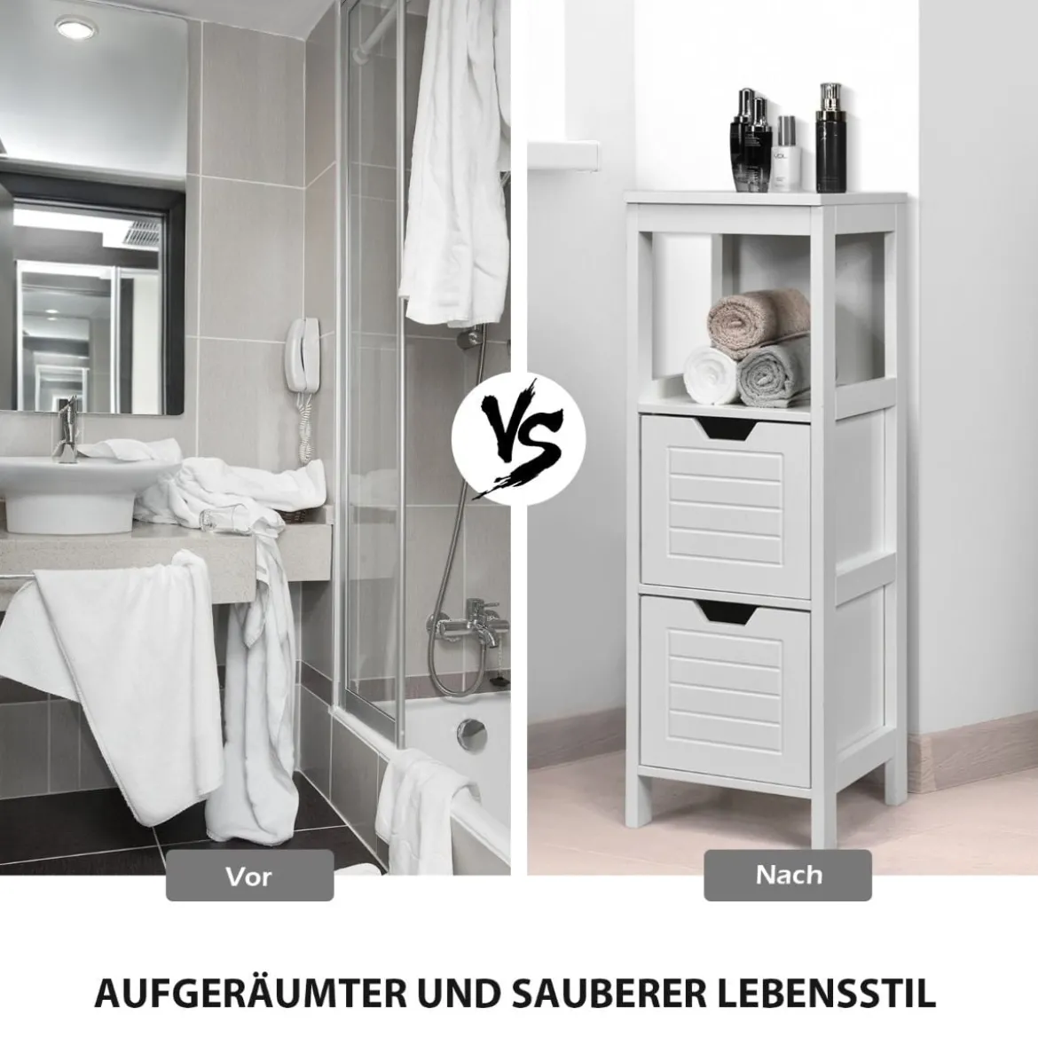 Badezimmerschrank Badschrank Holz Multifunktionales Aufbewahrungsregal mit 2 Schubladen Bodenschrank für Wohnzimmer Badezimmer Weiß
