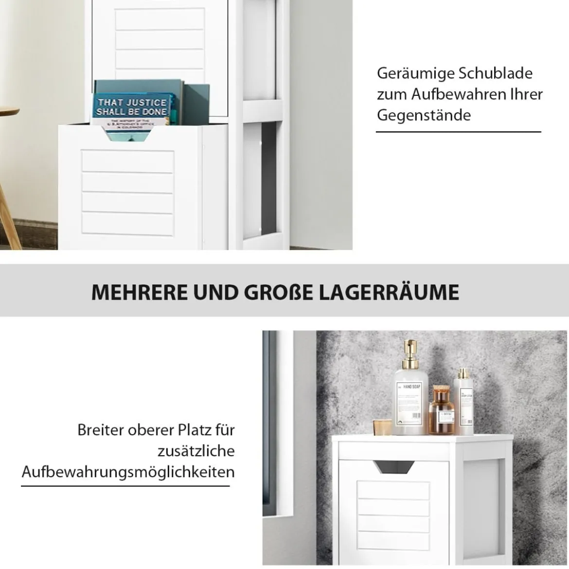 Badezimmerschrank Badschrank Holz Multifunktionales Aufbewahrungsregal mit 2 Schubladen Bodenschrank für Wohnzimmer Badezimmer Weiß