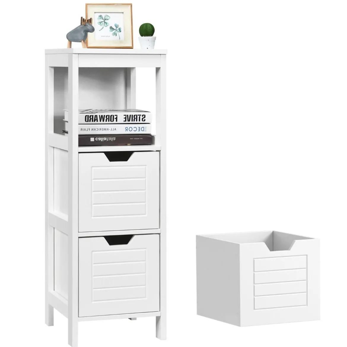 Badezimmerschrank Badschrank Holz Multifunktionales Aufbewahrungsregal mit 2 Schubladen Bodenschrank für Wohnzimmer Badezimmer Weiß