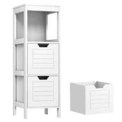 Badezimmerschrank Badschrank Holz Multifunktionales Aufbewahrungsregal mit 2 Schubladen Bodenschrank für Wohnzimmer Badezimmer Weiß