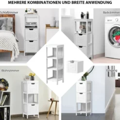 Badezimmerschrank Badschrank Holz Multifunktionales Aufbewahrungsregal mit 2 Schubladen Bodenschrank für Wohnzimmer Badezimmer Weiß