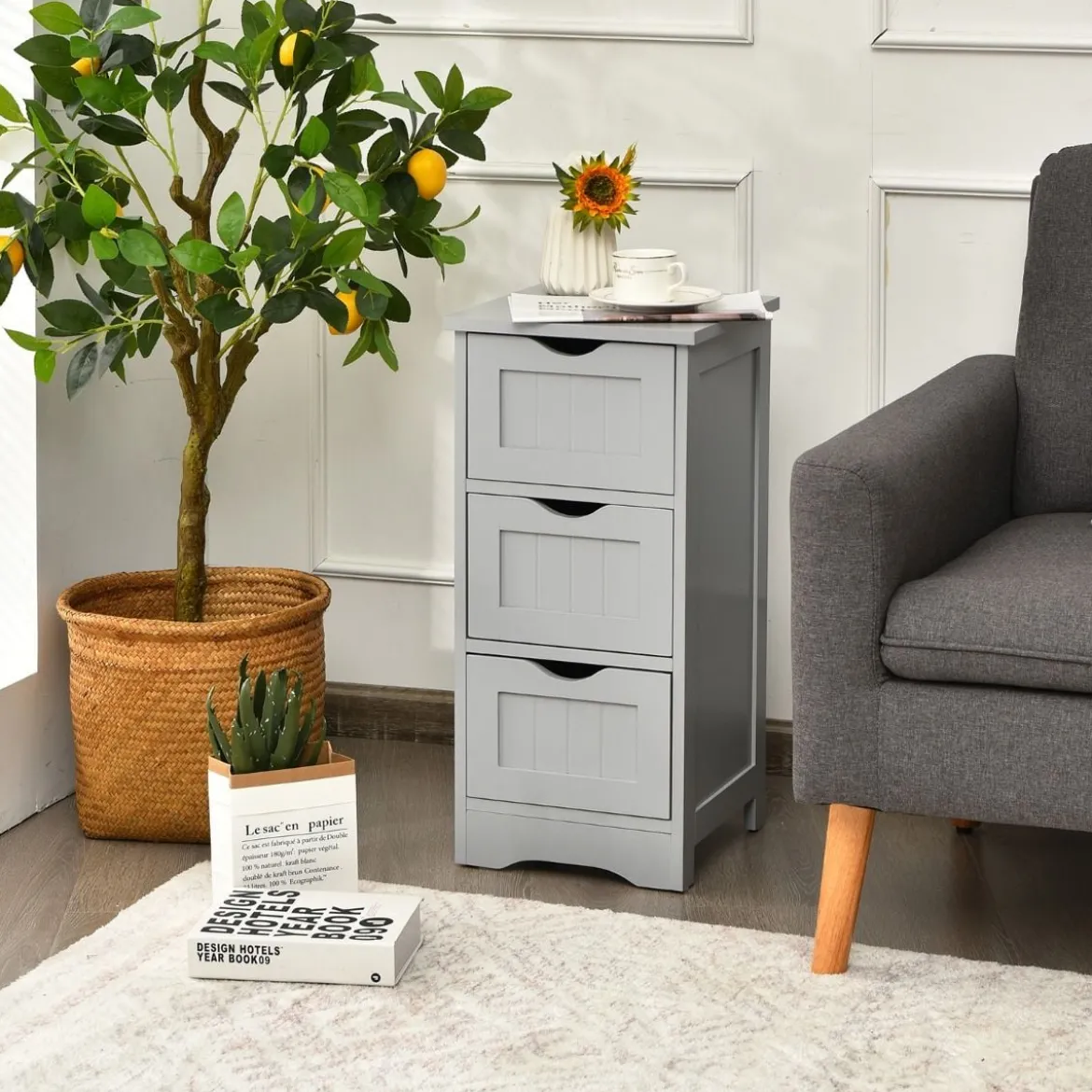 Badezimmerschrank Badschrank mit 3 Schubladen Standschrank Midischrank freistehend Grau