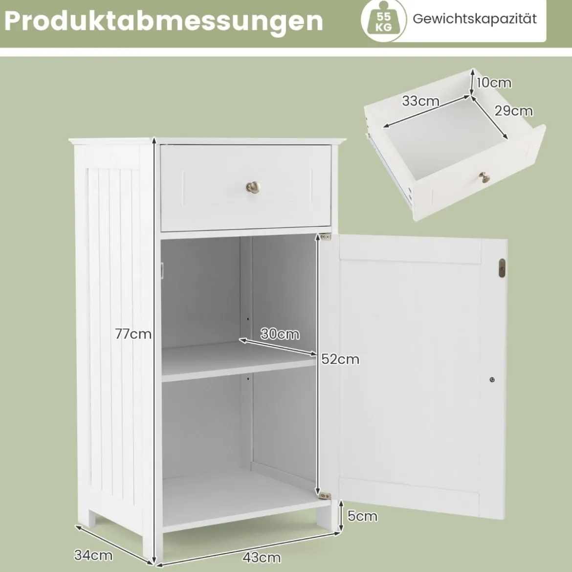 Badezimmerschrank Badschrank schmal mit Schublade & Tür 43 x 34 x 77 cm Schwarz/Weiß