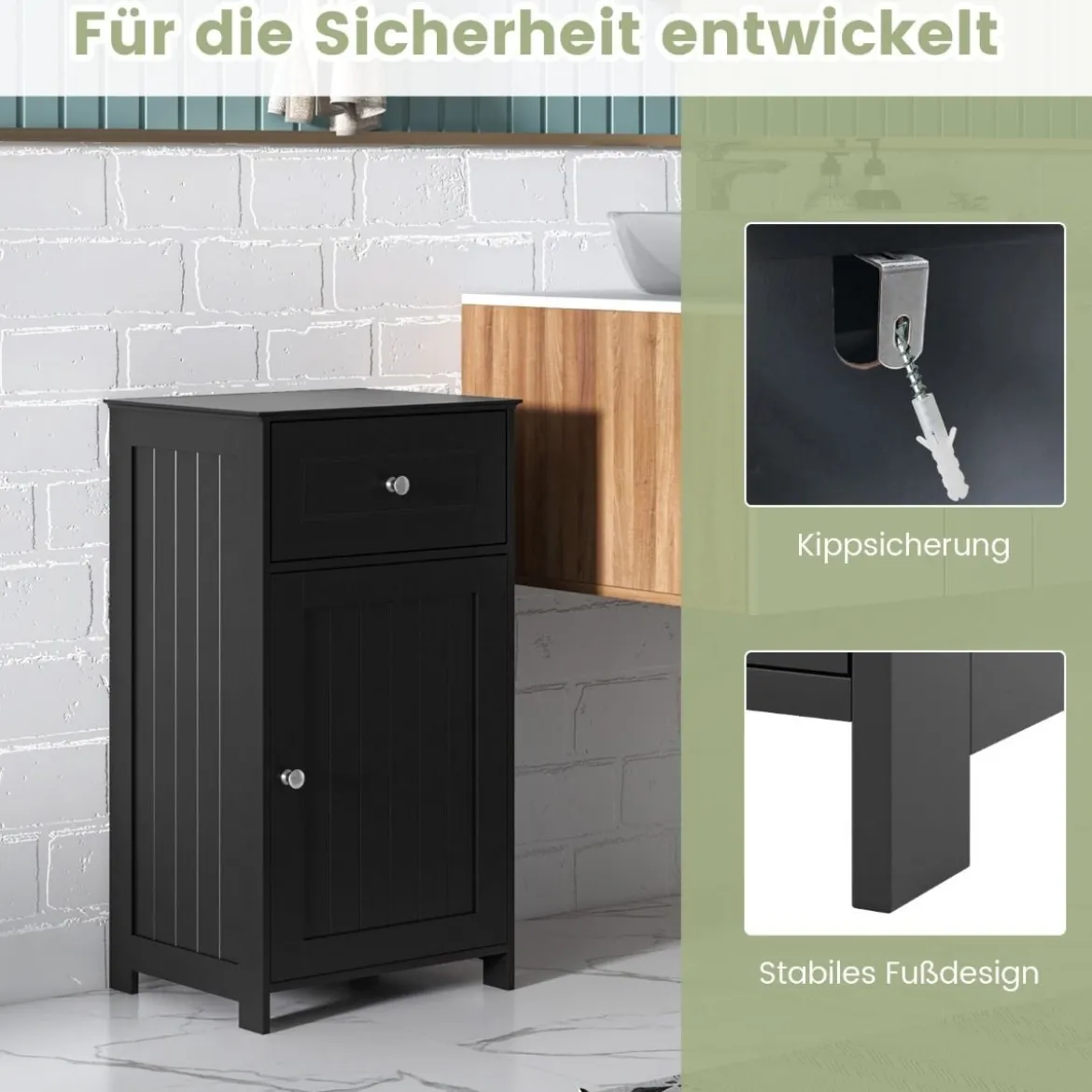 Badezimmerschrank Badschrank schmal mit Schublade & Tür 43 x 34 x 77 cm Schwarz/Weiß