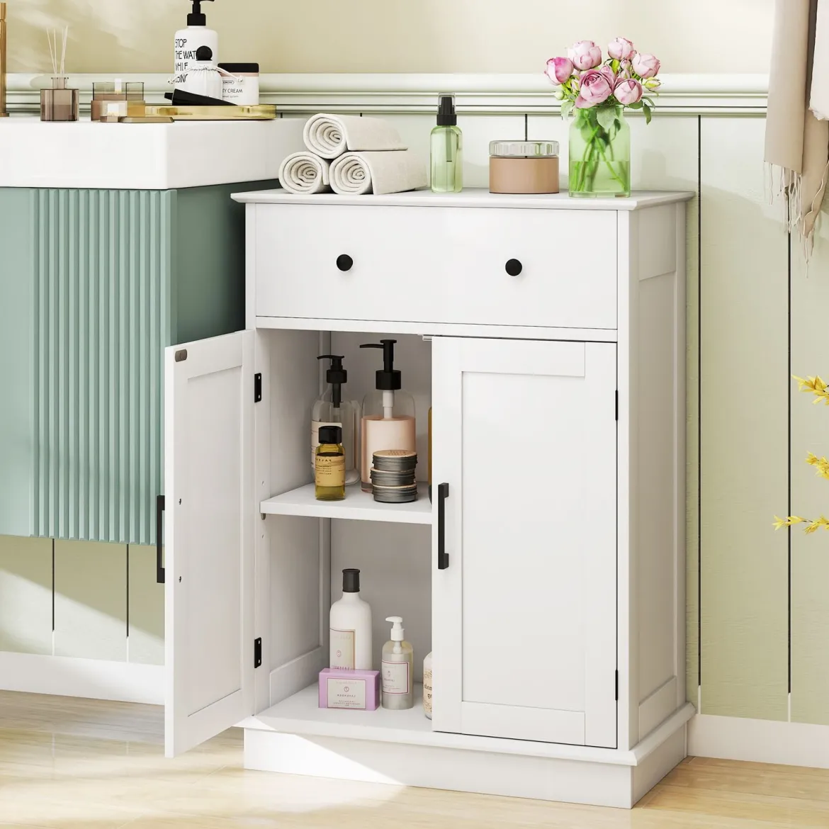 Badezimmerschrank Badschrank mit Schublade Türen & verstellbarem Regal Kommode Holz für Badezimmer 56 x 30 x 80cm Weiß