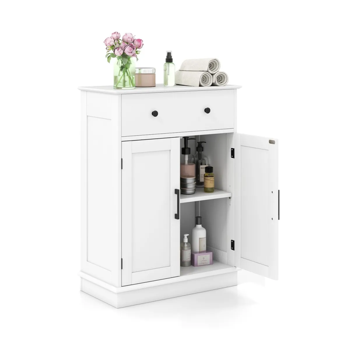 Badezimmerschrank Badschrank mit Schublade Türen & verstellbarem Regal Kommode Holz für Badezimmer 56 x 30 x 80cm Weiß