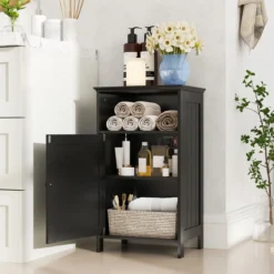 Badezimmerschrank Badschrank mit Tür und verstellbarem Regal freistehender Badezimmer Schrank 40 x 30 x 70 cm Schwarz
