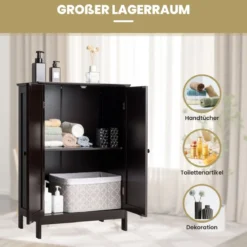Badezimmerschrank Beistellschrank mit Doppeltür verstellbarem Einlegeboden und Kippsicherung Braun