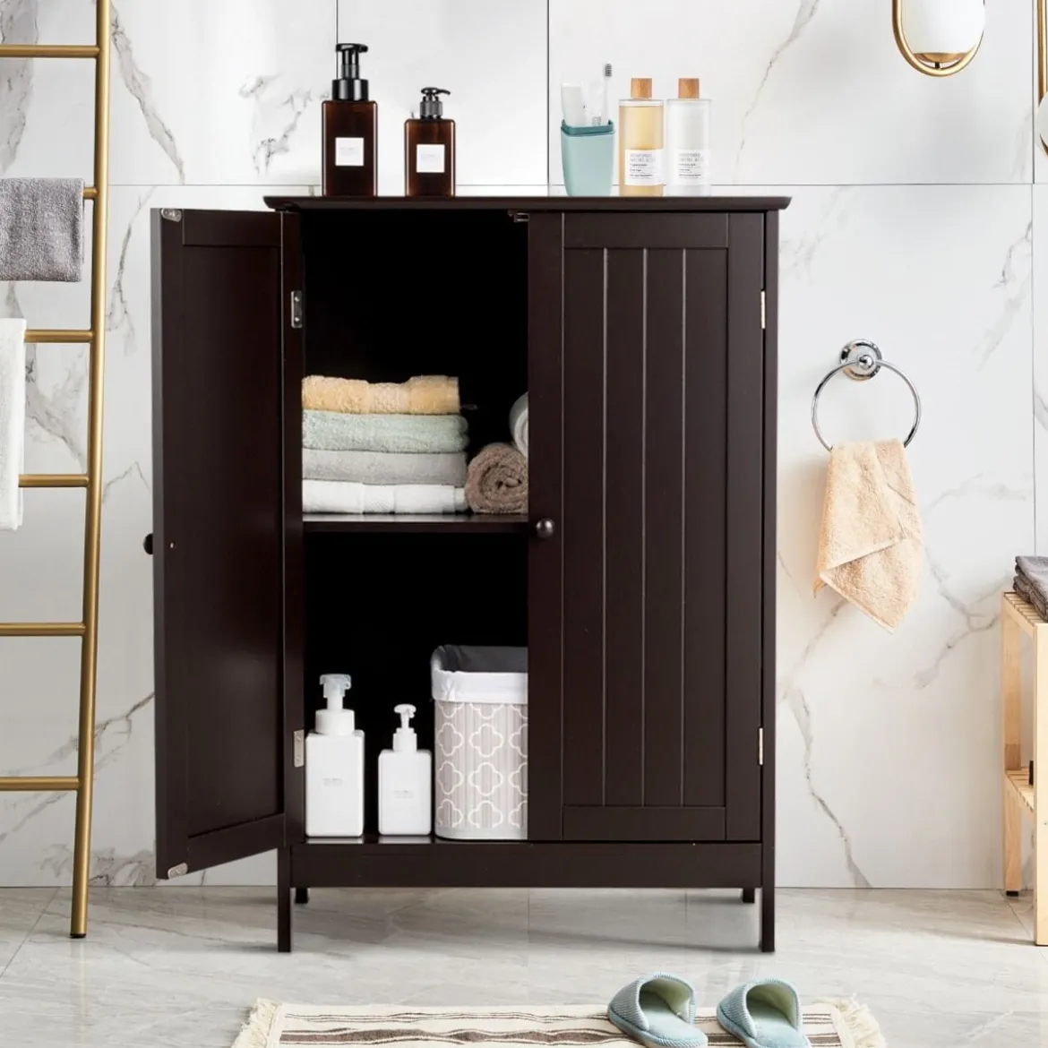 Badezimmerschrank Beistellschrank mit Doppeltür verstellbarem Einlegeboden und Kippsicherung Braun
