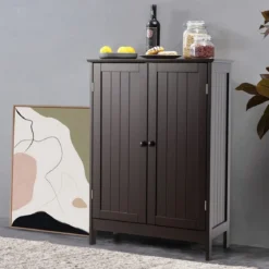 Badezimmerschrank Beistellschrank mit Doppeltür verstellbarem Einlegeboden und Kippsicherung Braun