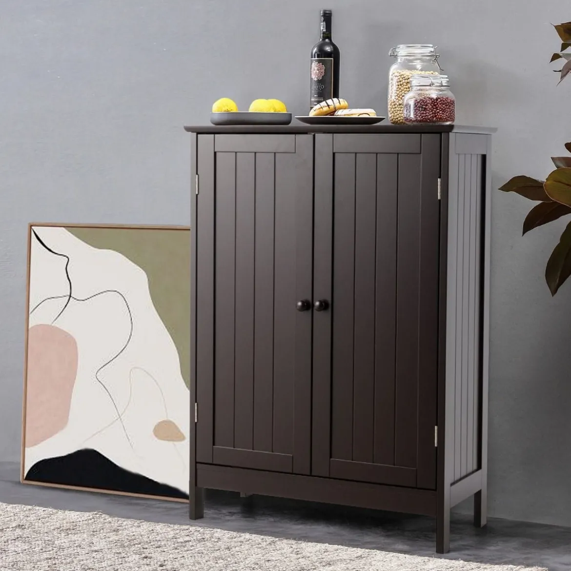 Badezimmerschrank Beistellschrank mit Doppeltür verstellbarem Einlegeboden und Kippsicherung Braun