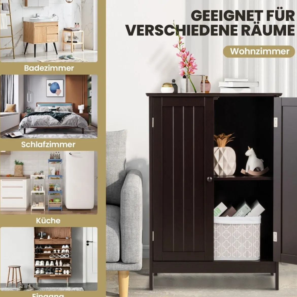 Badezimmerschrank Beistellschrank mit Doppeltür verstellbarem Einlegeboden und Kippsicherung Braun
