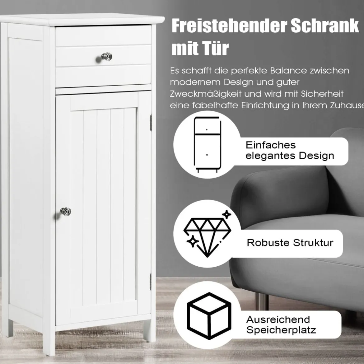 Badezimmerschrank Eintüriger Bodenschrank mit Große Schublade 35 x 30 x 87,5 cm Weiß