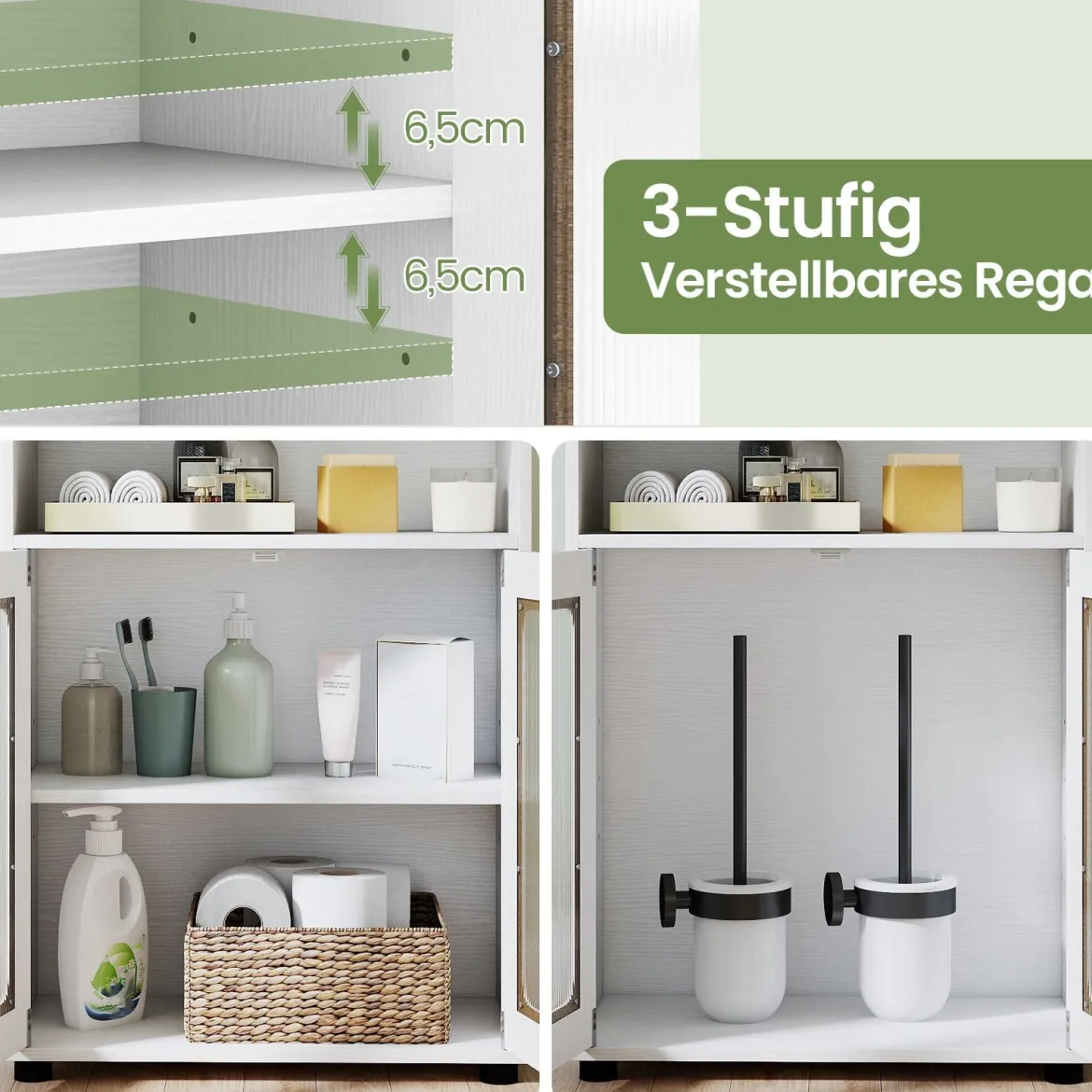 Badezimmerschrank freistehender Bodenschrank mit 2 Türen & 3-stufig verstellbarem Regal Weiß