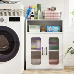 Badezimmerschrank freistehender Bodenschrank mit 2 Türen & 3-stufig verstellbarem Regal Weiß