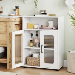 Badezimmerschrank freistehender Bodenschrank mit 2 Türen & 3-stufig verstellbarem Regal Weiß