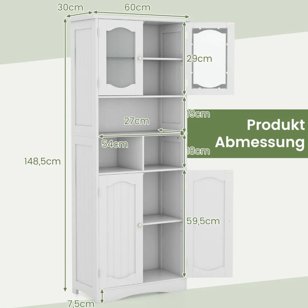 Badezimmerschrank freistehender Hochschrank mit 4 Türen & Regalen Weiß 60 x 30 x 148,5 cm
