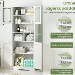 Badezimmerschrank freistehender Hochschrank mit 4 Türen & Regalen Weiß 60 x 30 x 148,5 cm