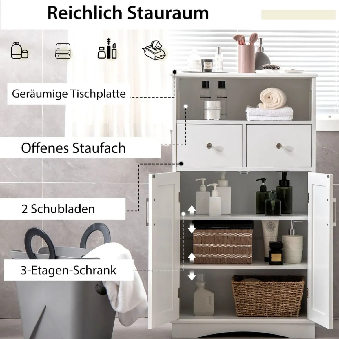 Badezimmerschrank freistehend Aufbewahrungsschrank mit 2 Türen 60 x 30 x 108 cm Weiß