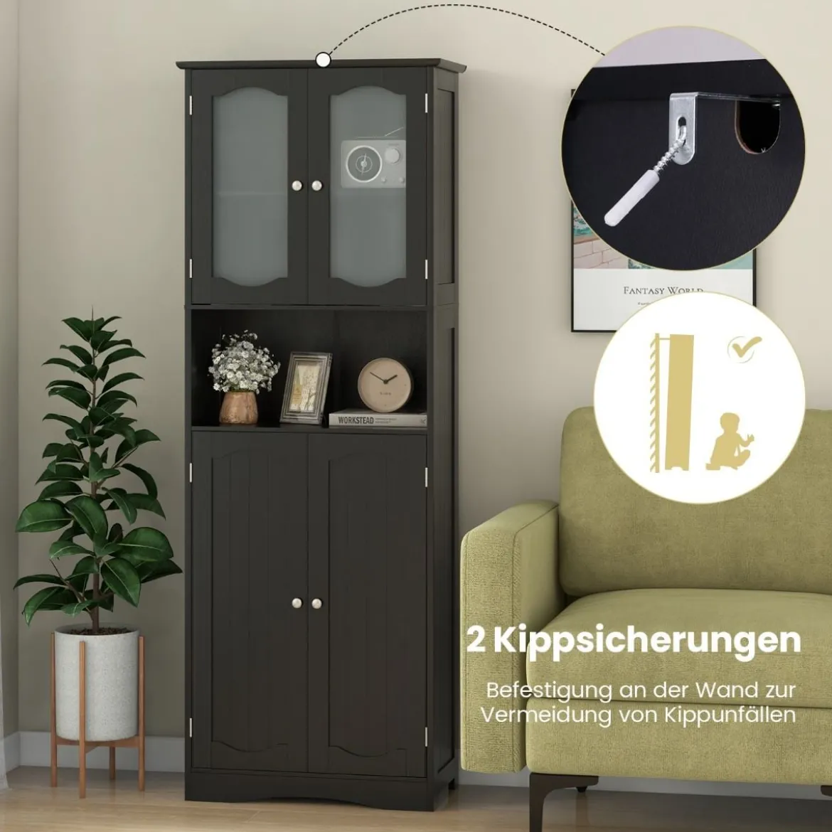 Badezimmerschrank freistehender Hochschrank mit 4 Türen Badschrank mit Kippschutz Schwarz 164 cm