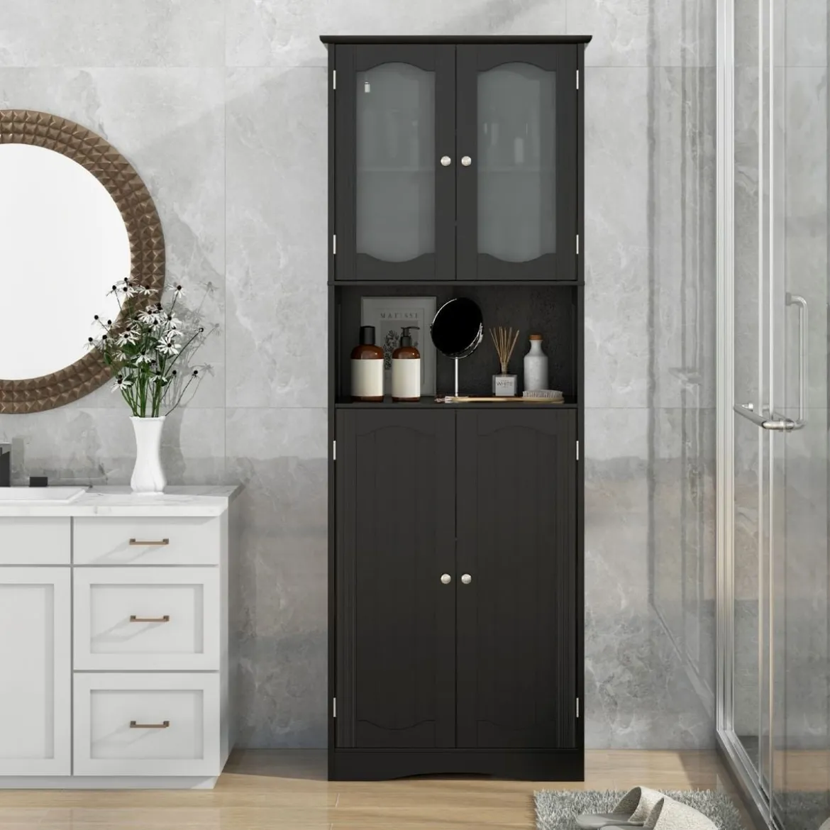 Badezimmerschrank freistehender Hochschrank mit 4 Türen Badschrank mit Kippschutz Schwarz 164 cm