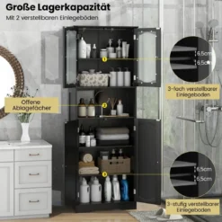 Badezimmerschrank freistehender Hochschrank mit 4 Türen Badschrank mit Kippschutz Schwarz 164 cm