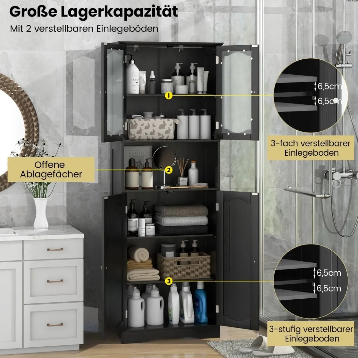 Badezimmerschrank freistehender Hochschrank mit 4 Türen Badschrank mit Kippschutz Schwarz 164 cm