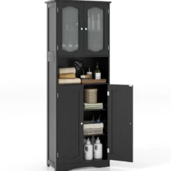 Badezimmerschrank freistehender Hochschrank mit 4 Türen Badschrank mit Kippschutz Schwarz 164 cm