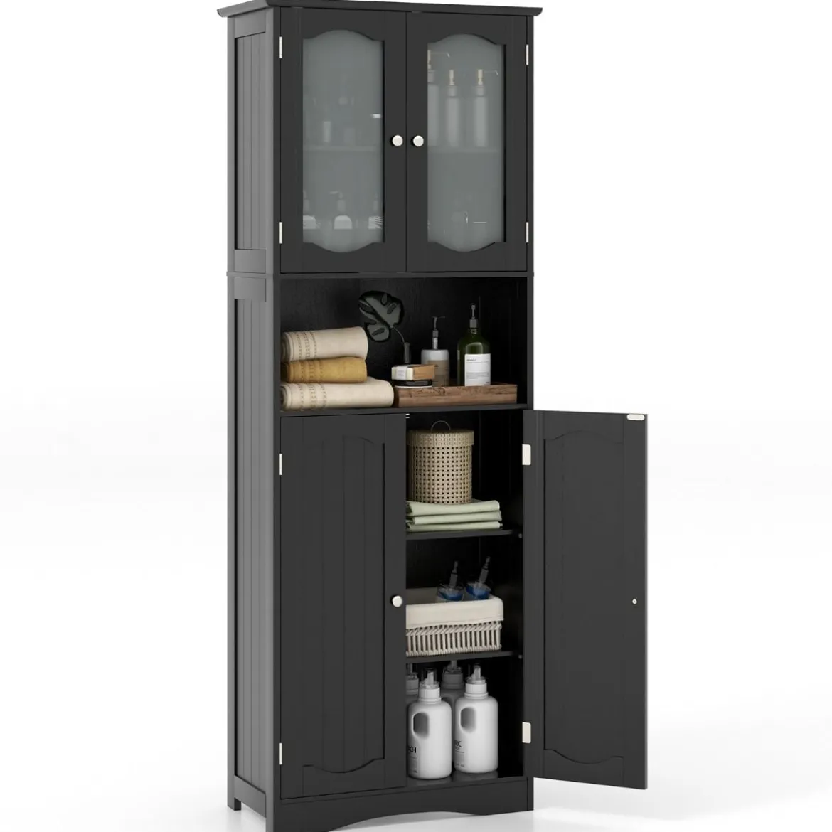 Badezimmerschrank freistehender Hochschrank mit 4 Türen Badschrank mit Kippschutz Schwarz 164 cm