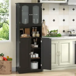 Badezimmerschrank freistehender Hochschrank mit 4 Türen Badschrank mit Kippschutz Schwarz 164 cm